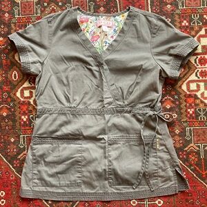 Koi Charcoal grey Wrap Blouse top scrub clinic nurse short sleeve pockets